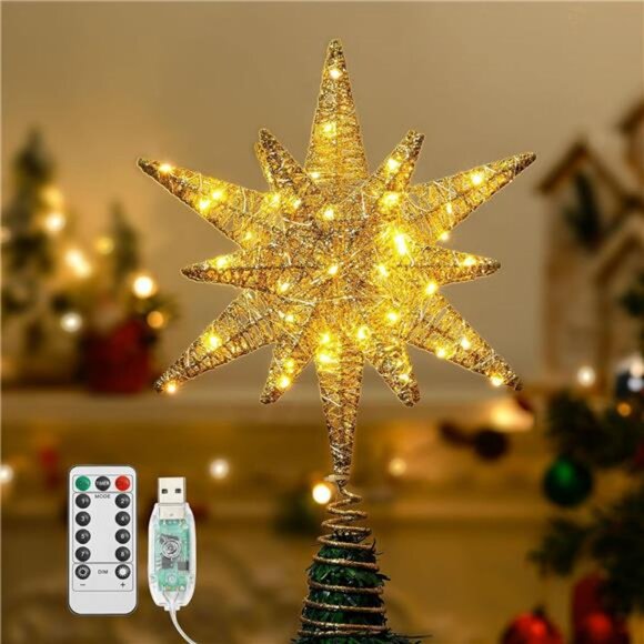 Christmas Star Tree Topper, USB Powered Remote Controlled 11 Inch Hexagonal - Picture 1 of 7